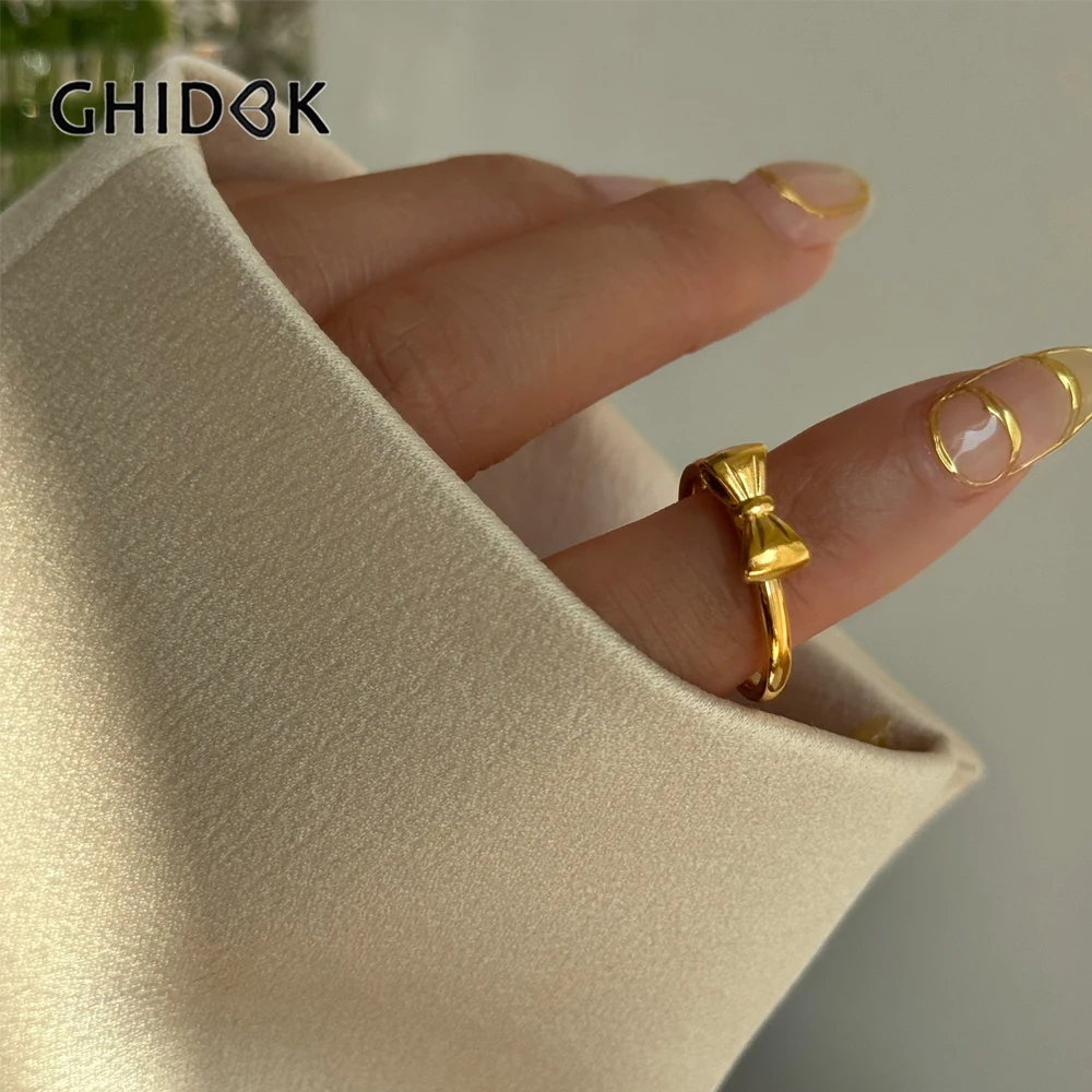 Фото GHIDBK простая мода нержавеющая сталь 18K Золото PVD покрытые бантом кольца для женщин девушек нежный очаровательный бант обручальное кольцо №1