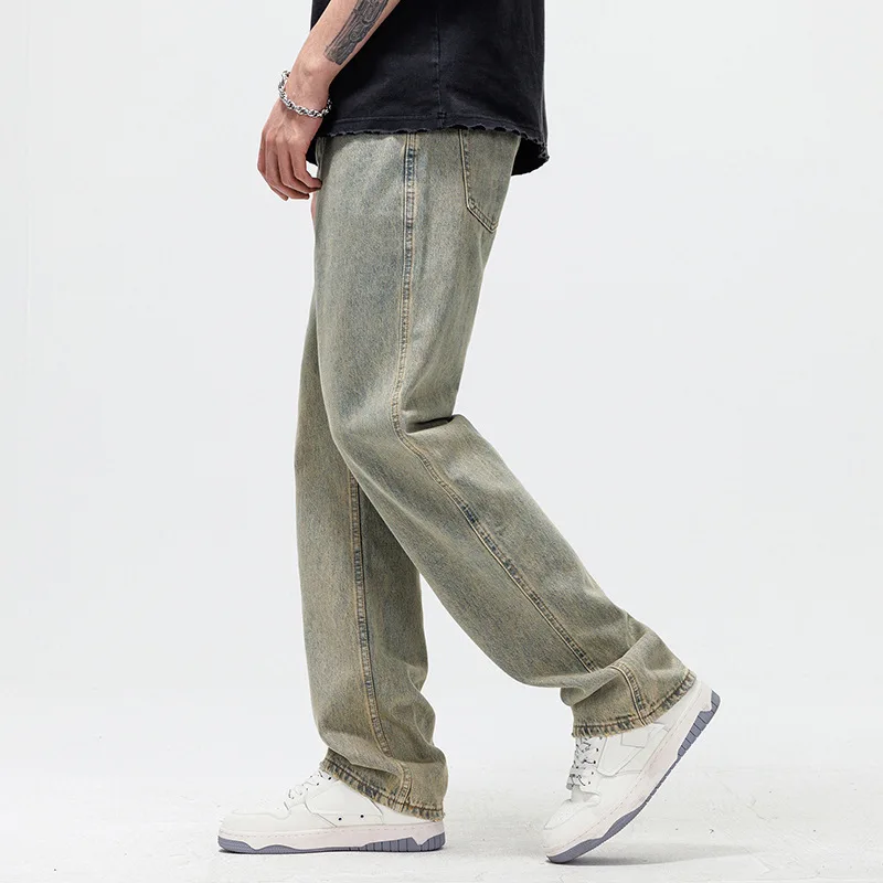 American High Street Fashion Men Jeans Cement Yellow Retro Wash Loose Fit Straight Jeans Men Casual Denim Wide Leg Pants Hombre