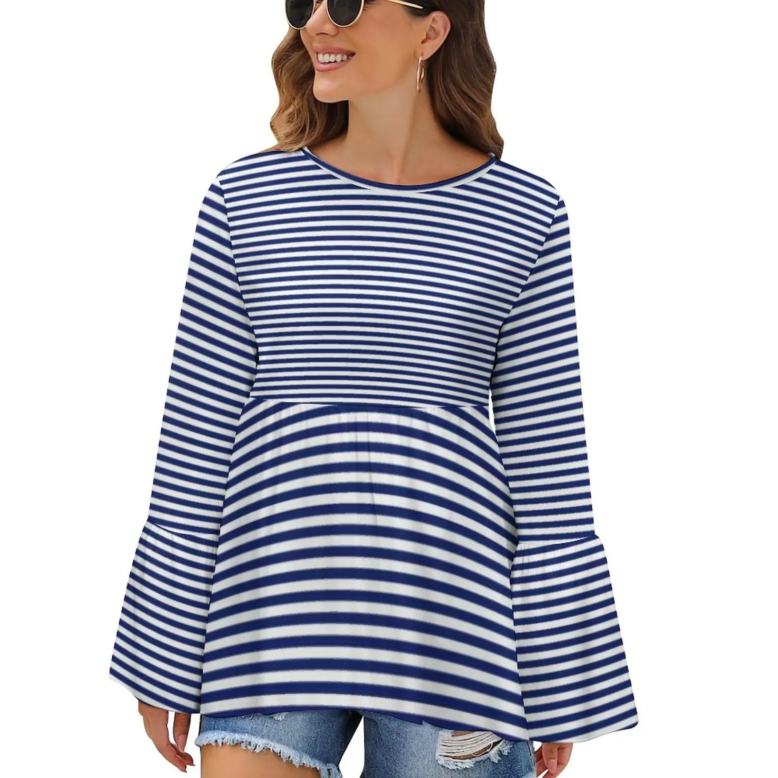 

Nautical Design T-Shirt Blue and White Stripes Elegant Long Sleeve T Shirts Casual Oversized Tees Cheap Female Printed Clothing