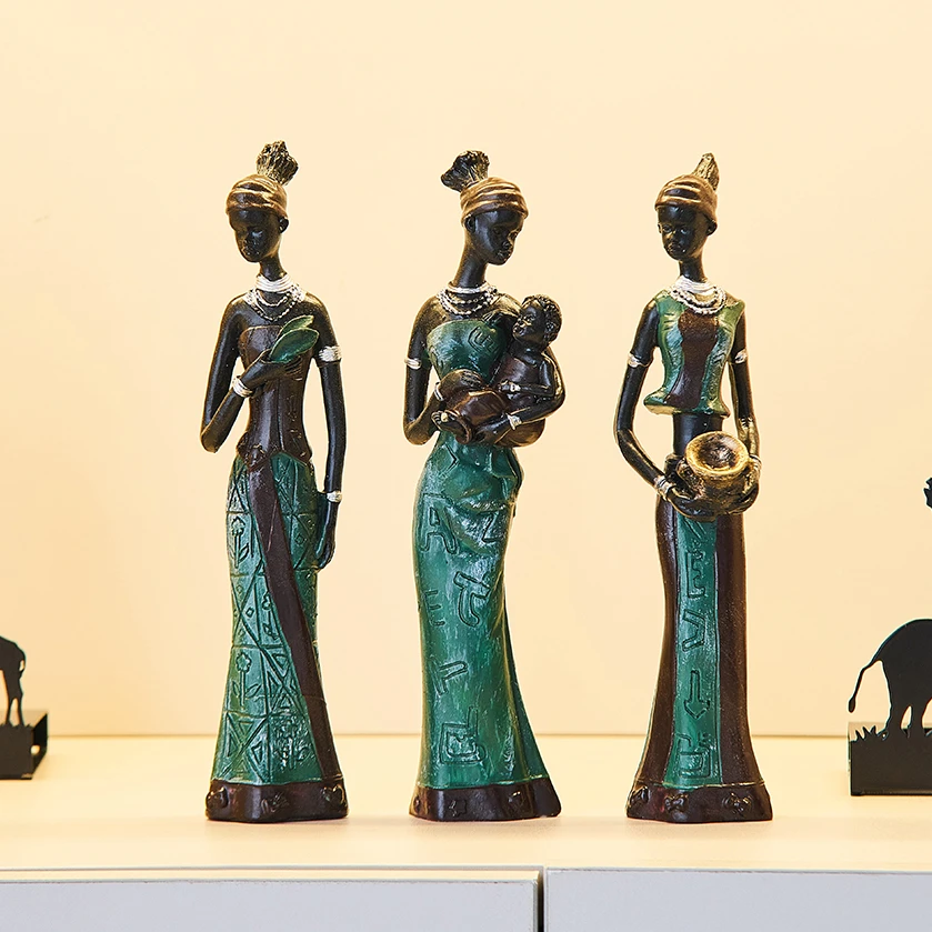 3Pcs/Set Home Decor Tribal African Women Statue Living Room Desk Accessories Sculptures Figurines Ornament Art Craft Decoration
