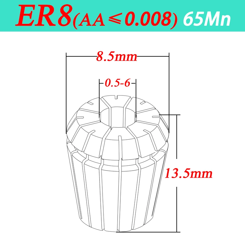 

Пружинная Цанга ER8 с ЧПУ, внутреннее отверстие 0,5-6 мм, 65 дюймов, пружинный патрон из марганцевой стали ER8, высокая точность ≤ 0,008 мм, зажим для гравировального Станка ER8