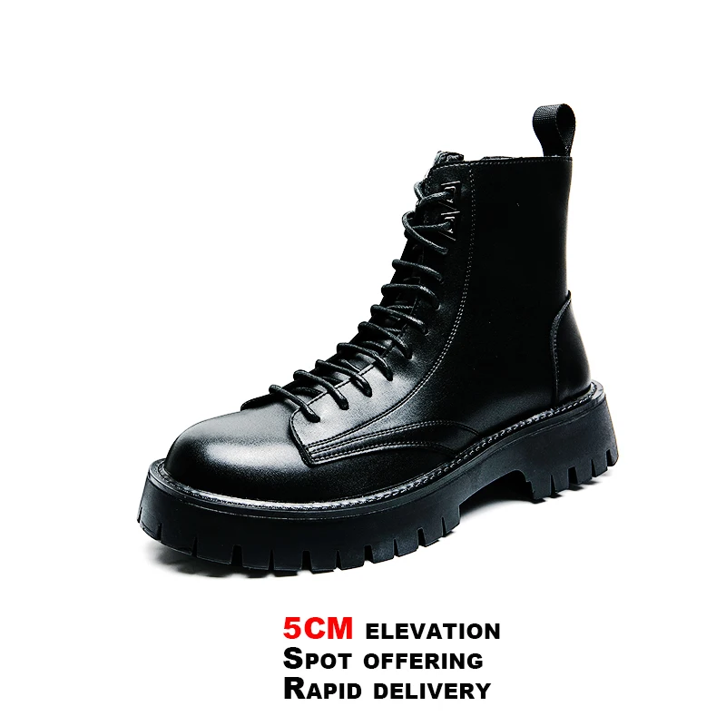 

British Style Ankle Hight Top Men's Leather Boots High Quality Black Hombre 5CM Elevation Teenagers Daily Casual Fashion Shoes