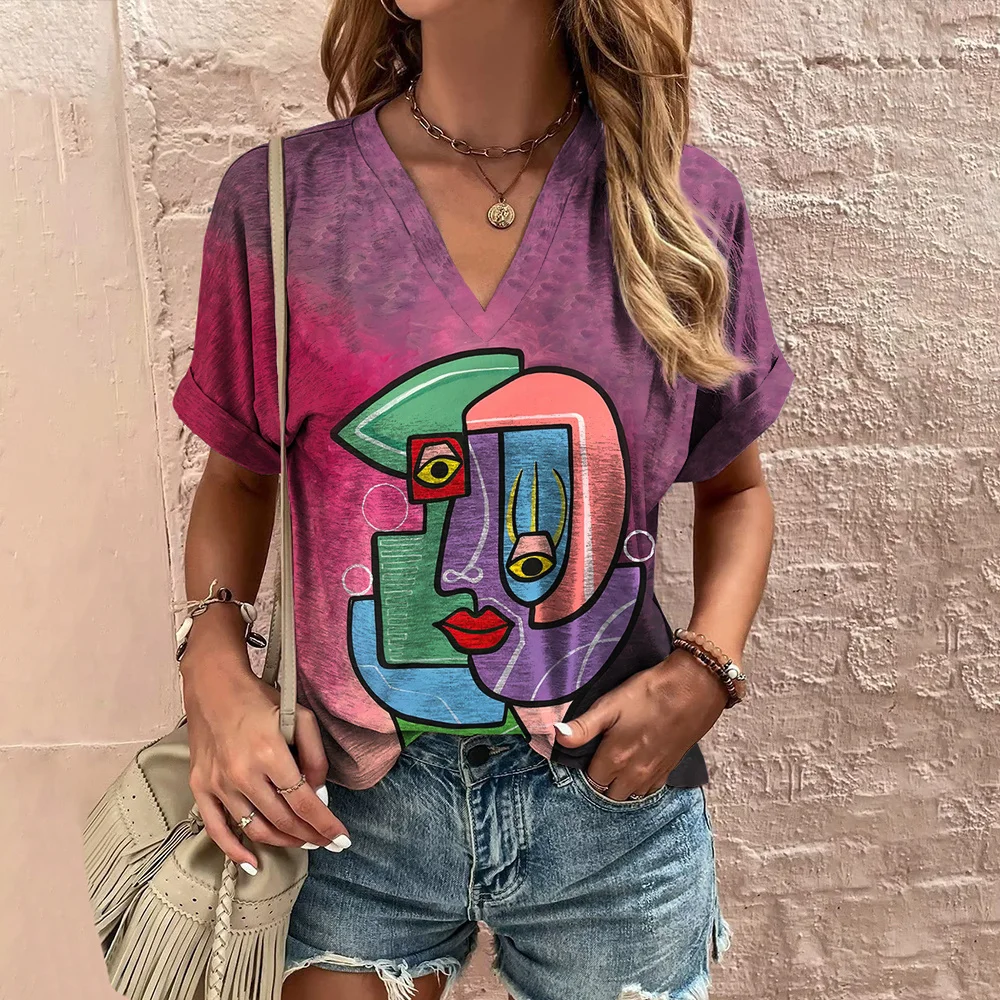 

2023 New T-shirt Abstract Face Print Y2k Casual Top Loose Fashion Versatile T-shirt V-neck Short Sleeve Street Fun T-shirt