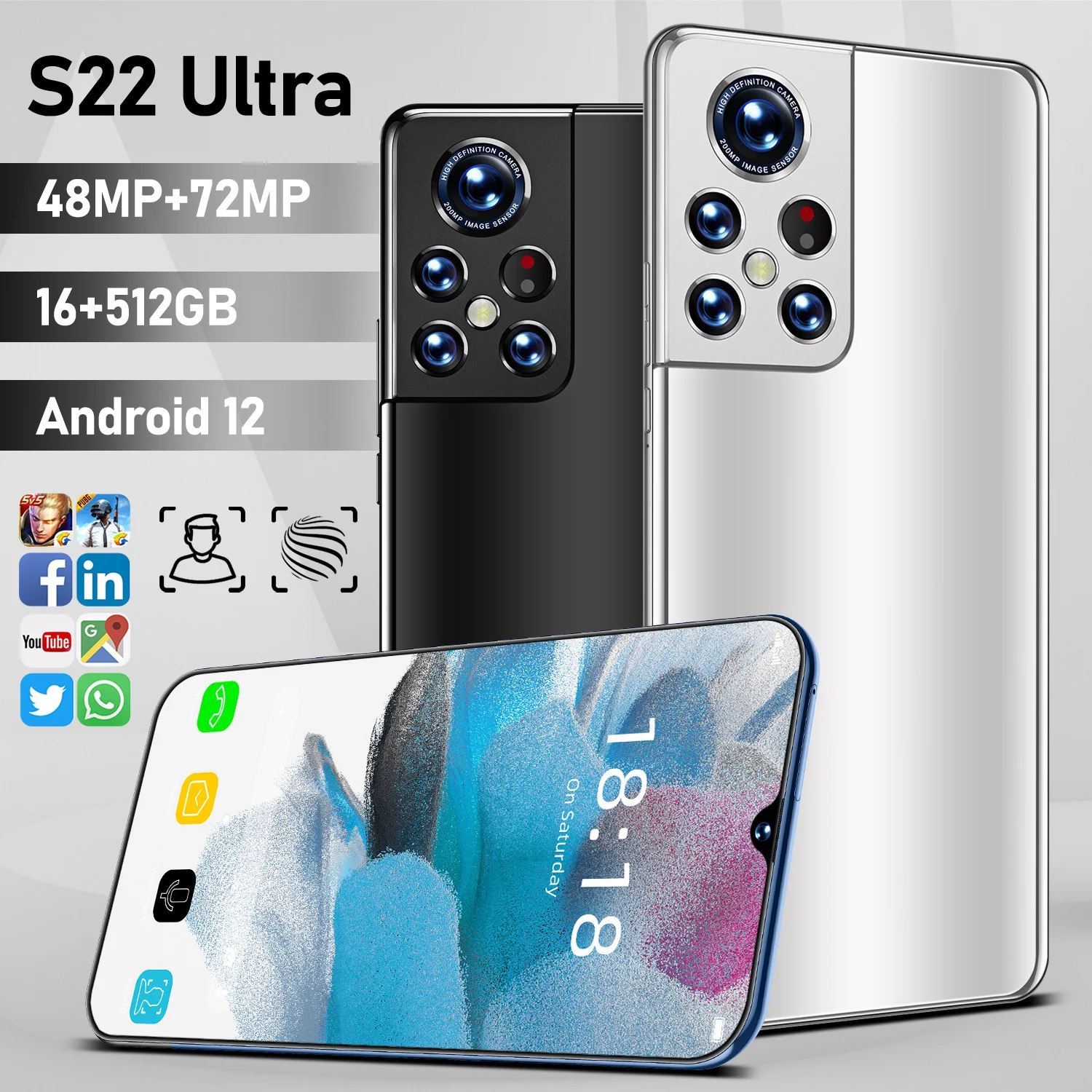 

S22 Ultra 6.93Inch HD+ 16+512GB Qualcomm 888+ Deca Core 48+72MP 6800mAH Smartphone Unlocked Global Version Fullscreen Cellphone