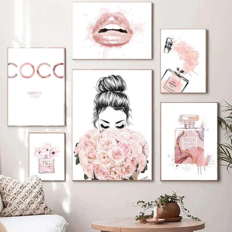 

Fashion Painting Poster Perfume Bottle Canvas Painting Lips Wall Art Flower Print Pictures Nordic Posters Girl Bedroom Decord