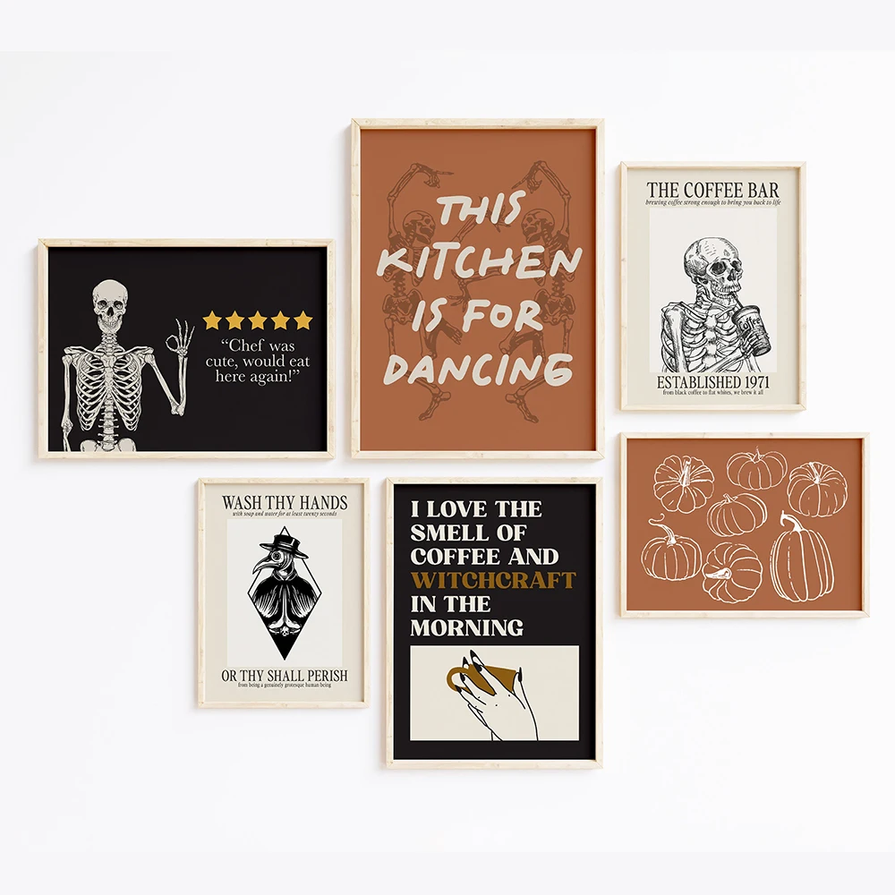 

Halloween Decor Posters and Prints Skeleton Kitchen Wall Art Canvas Gothic Painting Black and White Room Decortion Picture