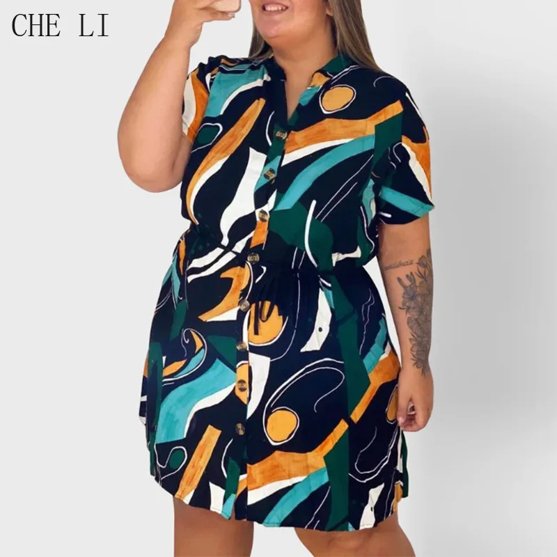 2022 New Plus Size Women's Shirt Dress Summer Short-sleeved Temperament Commuter High-end Digital Printing Shirt Female Style