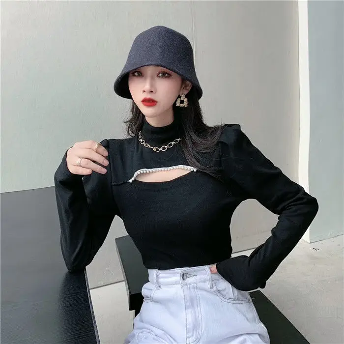 Женские футболки топ с бисером для женщин осенне-зимние розовые длинным рукавом |