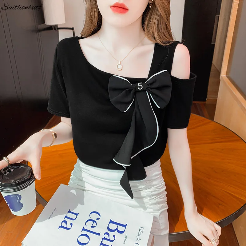 

Summer T-Shirts 2022 Women Bow Fungus Crop Tops Off The Shoulder Short Sleeve T-shirt Korean Pullover Blouses Female Clothing