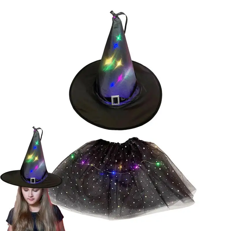 

Kids Girls Adult Women LED Glow Light Up Witch Hat Cobweb Spider Web Skirt Wizard Party Costume Halloween