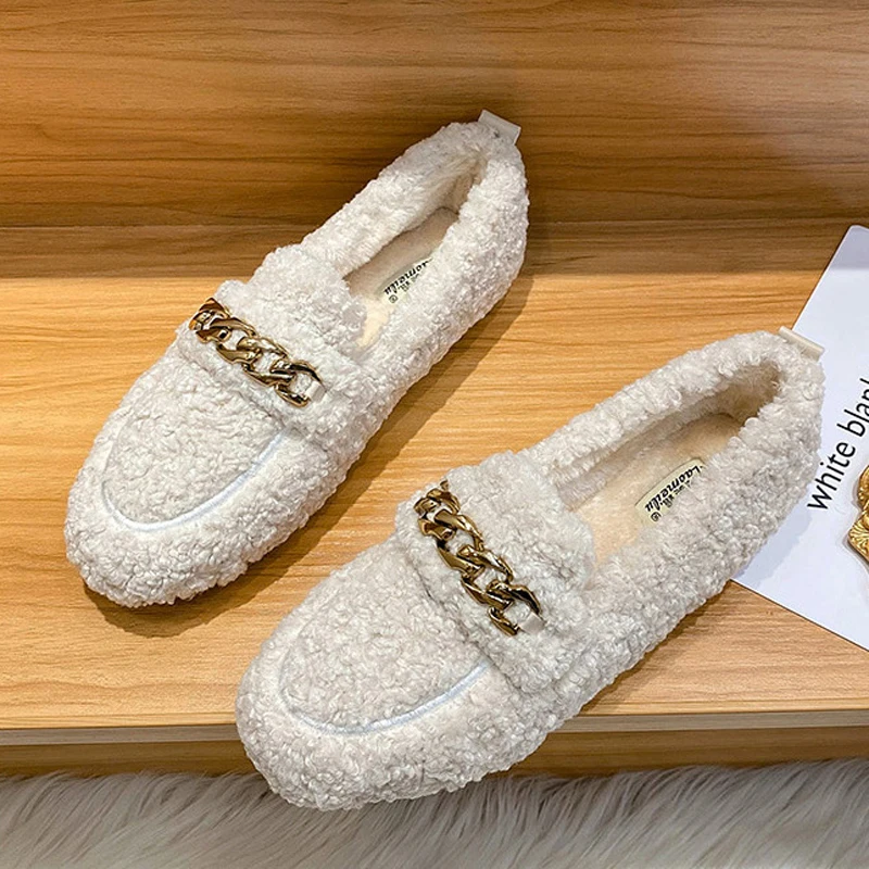 Designer Lambswool Winter Cotton Shoes Women Loafers Warm Comfy Curly Sheep Fur Flats Mocasines Mujer