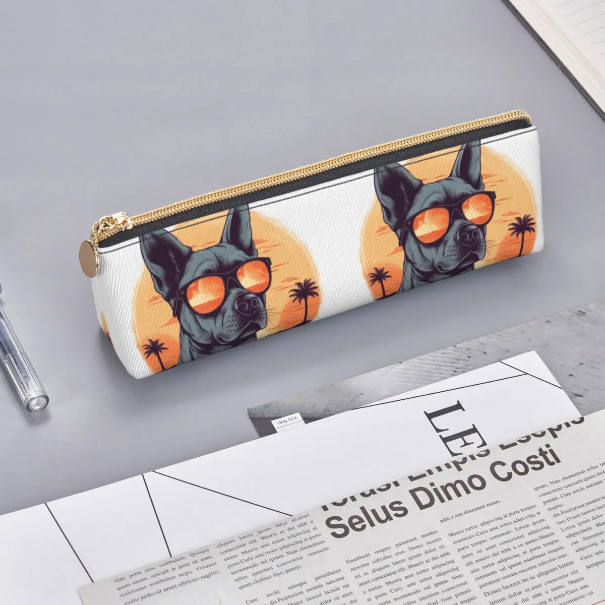 Dog Leather Pencil Case Retro Sunset Animals With Sunglasses Stationery For Teens Zipper Pencil Box Cool Big Triangle Pen Pouch images - 6