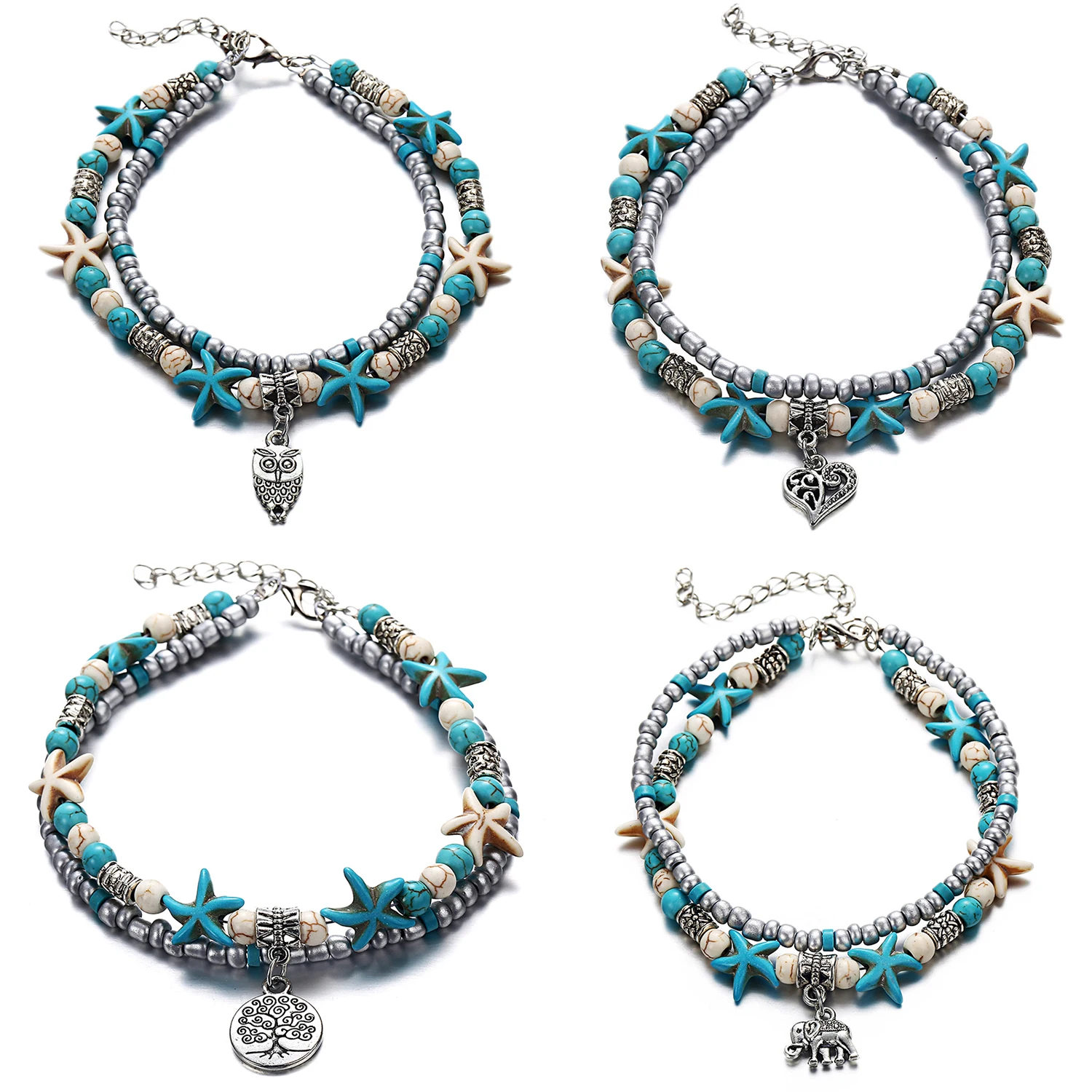 

Bohemian Ethnic Double Layered Rice Beads Starfish Anklets for Women Creative Elephant Turtle Owl Anklets Summer Beach Jewelry