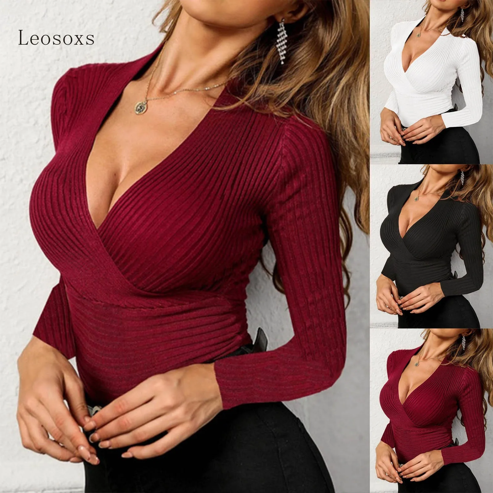 

Sexy Criss-Cross Deep V Shirt 2023 Slim Sweaters Women Autumn Winter New Long Sleeve Pullovers Ribbed Lrregular Hem Knitted Tops