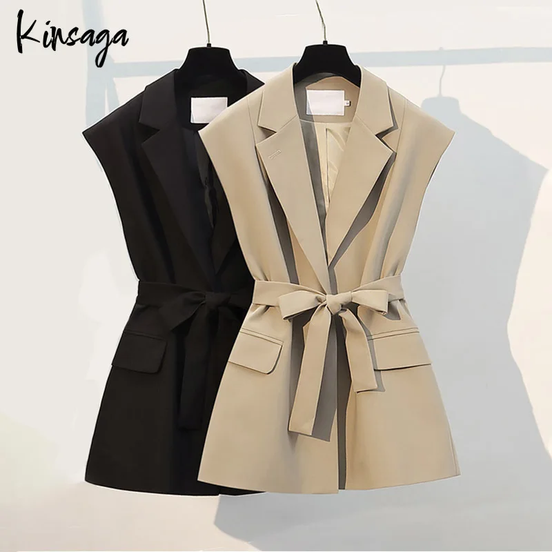 

Women Korean Style Shrug Sleeve Formal Long Blazer Vest Suit Lapel Collar One Button Sleeveless Belt Slim Waist Pocket Waistcoat