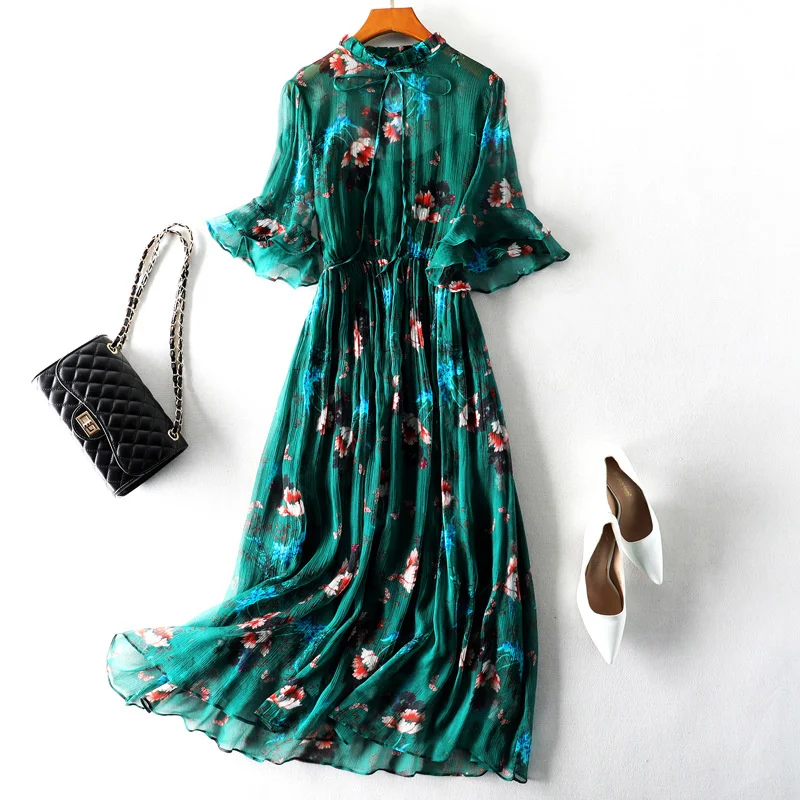 

Винтажное летнее платье, женская одежда 2022, длинное платье в стиле бохо из 100% натурального шелка, женское цветочное зеленое платье макси + Топ для женщин 98006