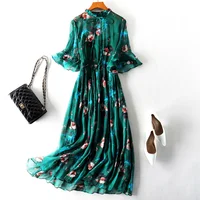 Vintage Summer Dress Women Clothes 2022 Boho 100% Real Silk Long Vestidos Ladies Floral Green Maxi Dress+top Mujer 98006