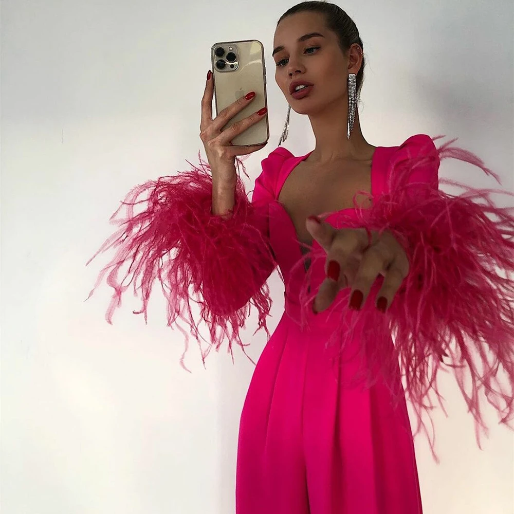 

Fashion Fuchsia Boat Neck Jumpsuit Crepe Feather Formal Occasion Prom Dresses Ankle-Length Women Evening Party Dress