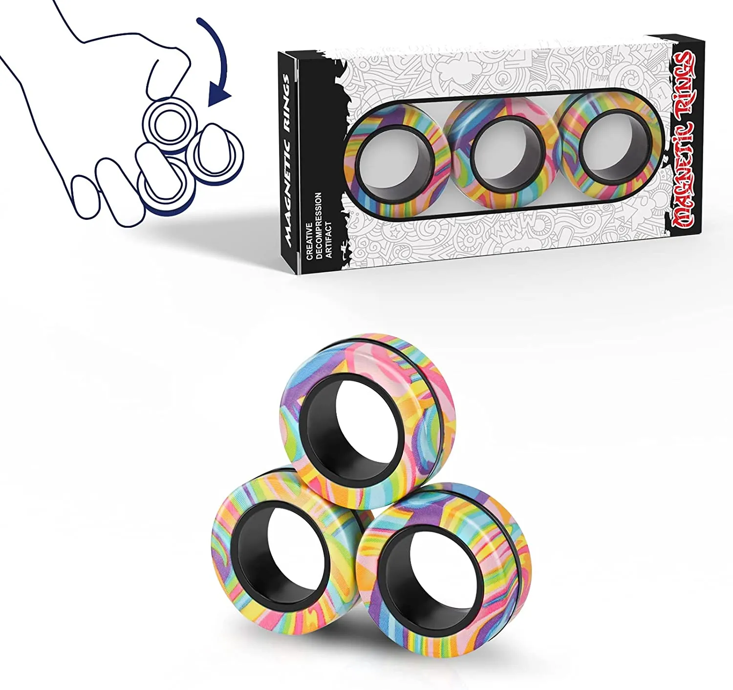 3pcs Finger Magnetic Rings Colorful Fidget Toy Set  Magnets Spinner Rings for Relieve Stress Anxiety Relief Therapy
