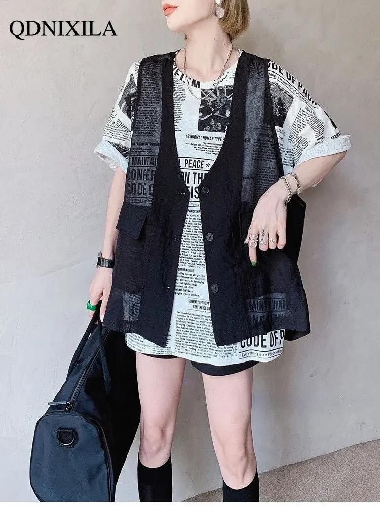 

Women's T-shirt Y2k Top Women 2023 Korean Fashion Mesh Cardigan Vest+printed Short Sleeve Tee Two-piece Suit Oversize T-shirt