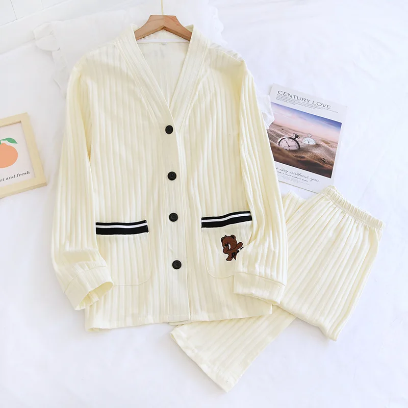 New spring and autumn couples V-neck 100% cotton pajamas long-sleeved trousers two-piece home service large size men and women