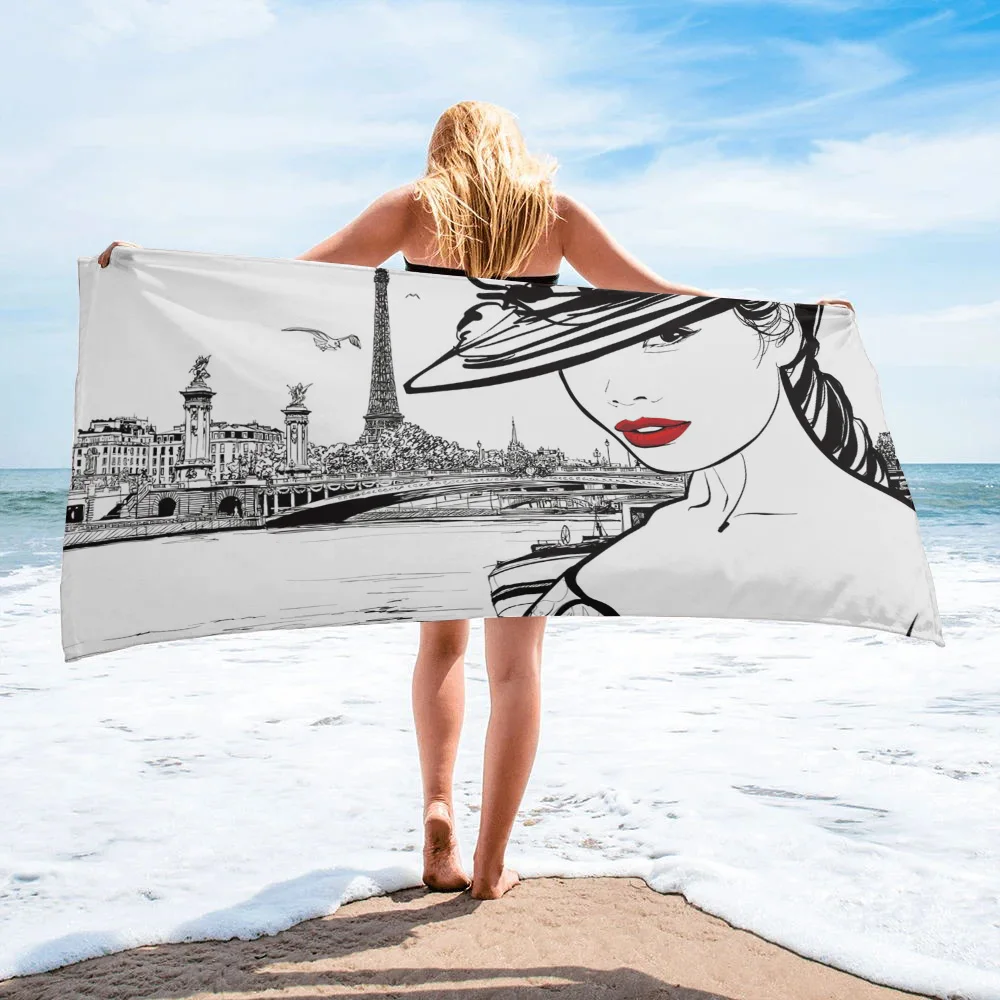 

Woman Eiffel Tower Red Lips Modern Household Bath Towel Quick Dry Fitness Spa Towel Stylish Microfiber Beach Towel