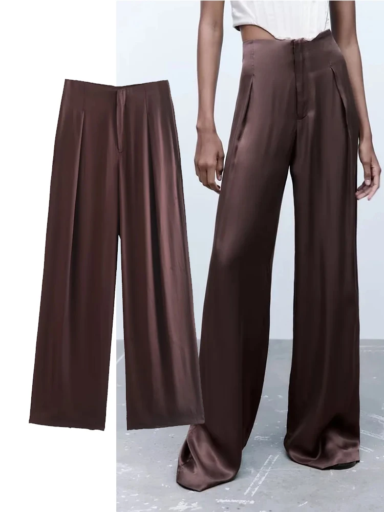 

TRAF Woman Satin Texture Long Pants Fashion High Waist Wide Leg Trousers Summer Beach Bottom Streetwear