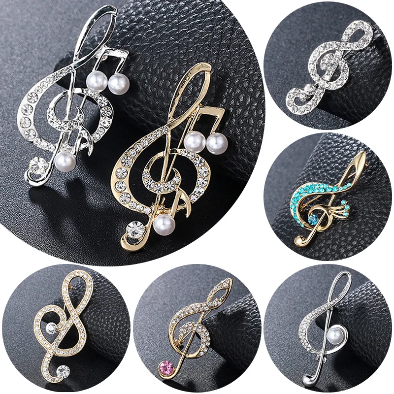 

Unisex Rhinestone Music Note Style Brooches Women Scarf Buckle Badge Lapel Pin Wedding Suit Dress Accessories Pearl Jewelry Gift