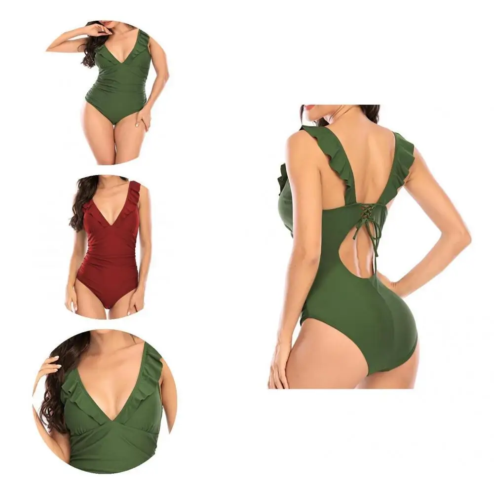 

Pleated Chic Slim Fit Summer Monokini One-piece Swimsuit Lace-up for Beach