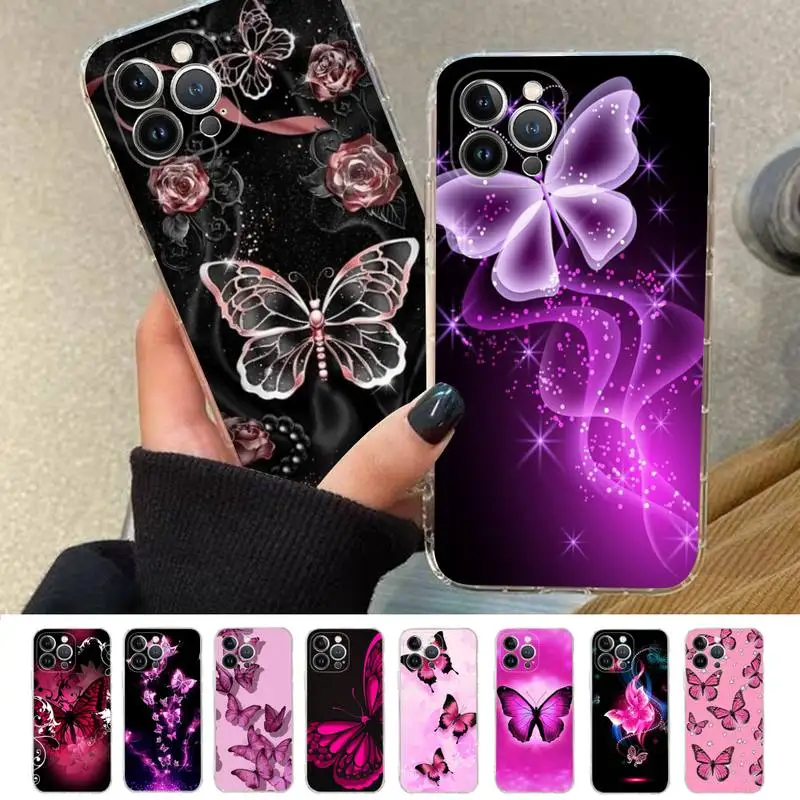 

Beauty Pink Butterfly Phone Case For iPhone 8 7 6 6S Plus X SE 2020 XR XS 14 11 12 13 Mini Pro Max Mobile Case