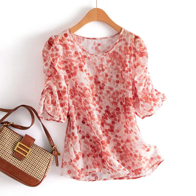 

Floral Chiffon Shirt Top Women's New Summer Short-sleeved Round Collar Blouse Blusas Femme S-4XL
