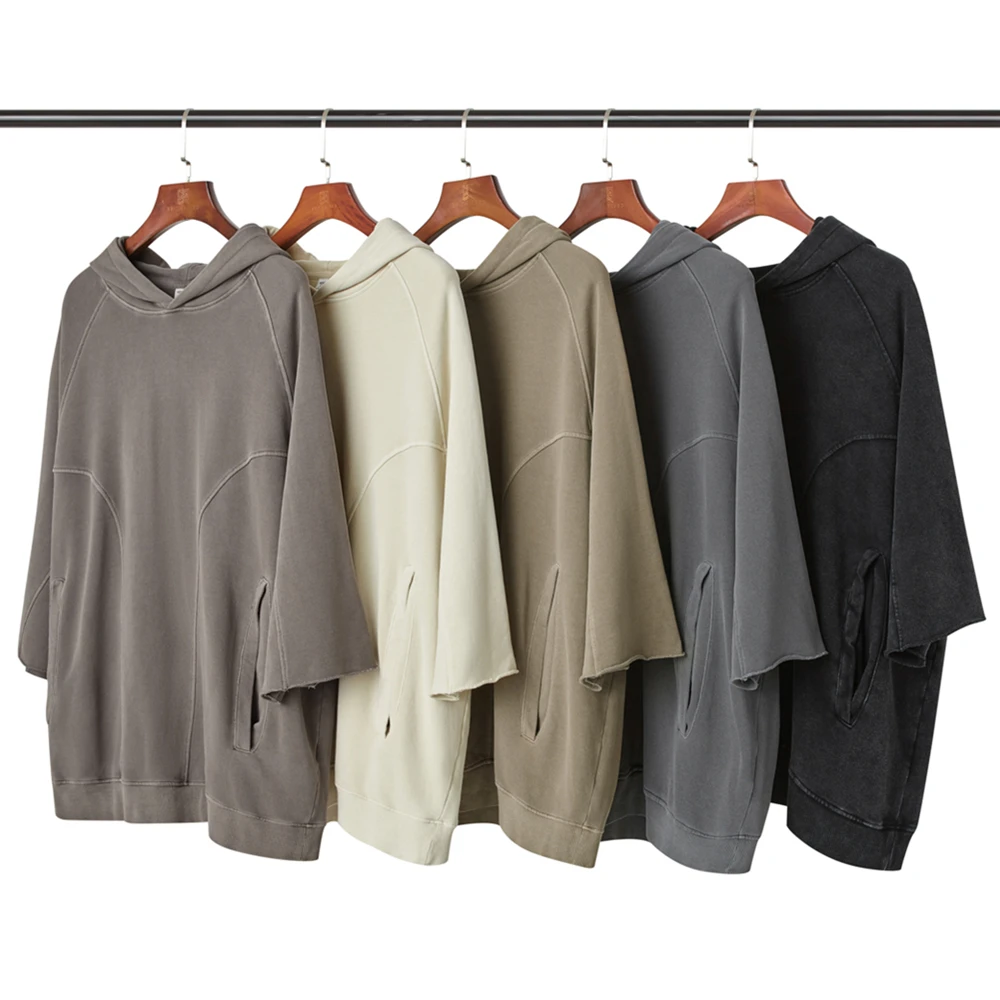 

Oversize Washed Terry Half Sleeve Raglan Hoodie 2022 Men Paneled Sweatshirt Men Streetwear
