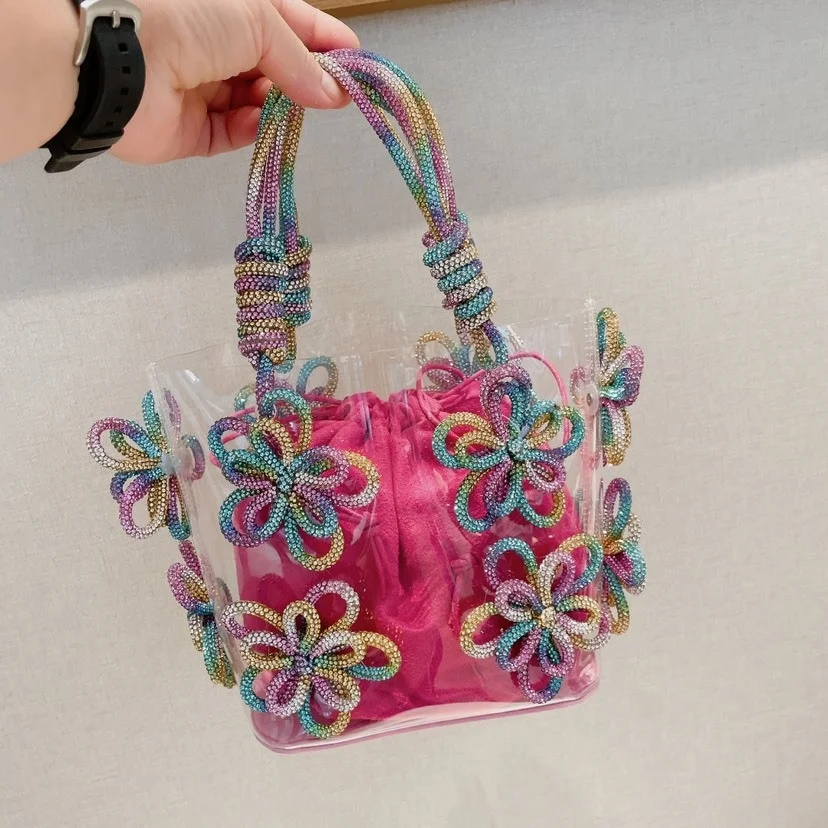 

Flower Rhinoned Evening Bags For Women transparent 2023 Luxury Designer Crystal Clutch Purses Handbag Ladies Wedding Party