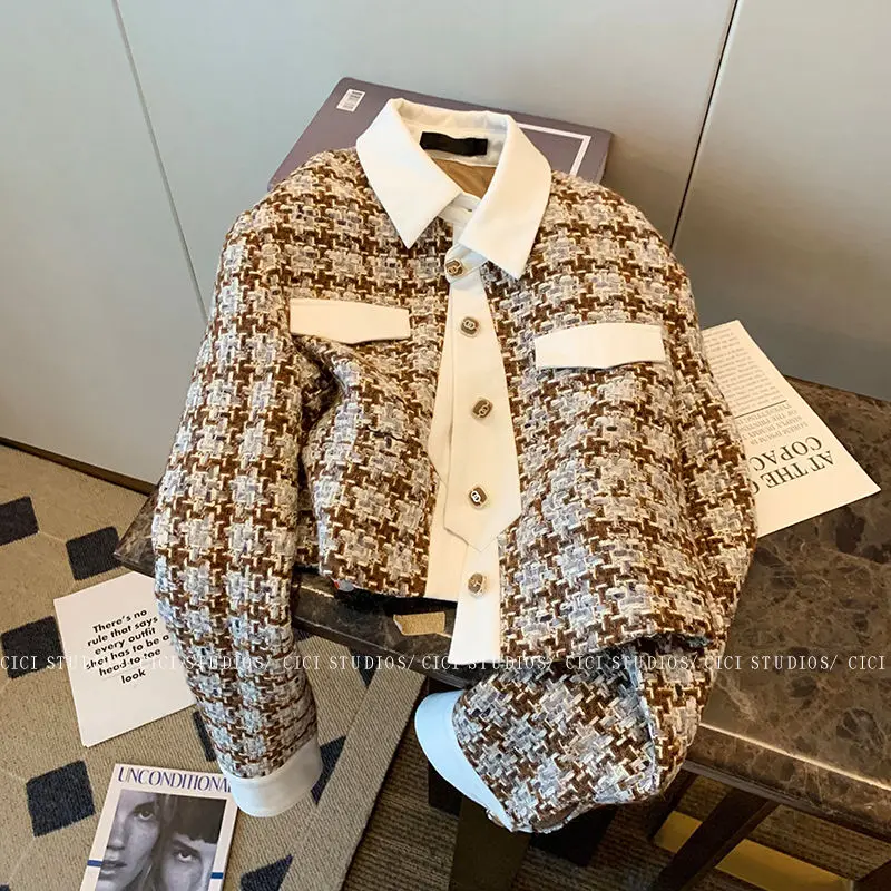 

A GIRLS Fashion Bird Lattice Tweed Jacket Women Autumn Winter New Outwear 2022 Hit Color Turn-down Collar Coat Korean Clothes