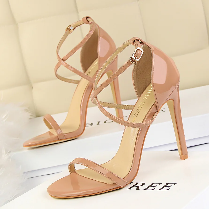 

Sexy Cross-Strap Buckle Women's Party Sandals Summer Solid Patent Leather Open Toe Concise 11cm High Heels Shoes Woman