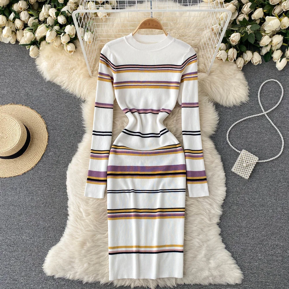 

Женское трикотажное облегающее платье-свитер, привлекательное обтягивающее платье в полоску с длинным рукавом, уличная мода, весна 2022