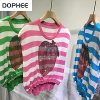 trendy hot drilling women tank tops age reduction strawberry striped shoulder pads crop top summer street out wearing lady vests