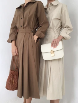 Chic Autumn Midi Shirt Dress Ladies Button Turndown Neck Slim Belt A-line Casual Dress Female Streetwear Women Elegant Clothes 2
