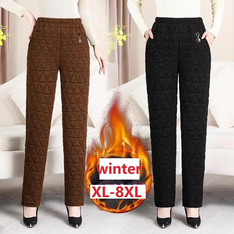 Winter Women Cotton Pants 2023 New Solid Elastic High Waist Casual Pants Middle-aged Female Thicke Warm Straight Pants XL-8XL