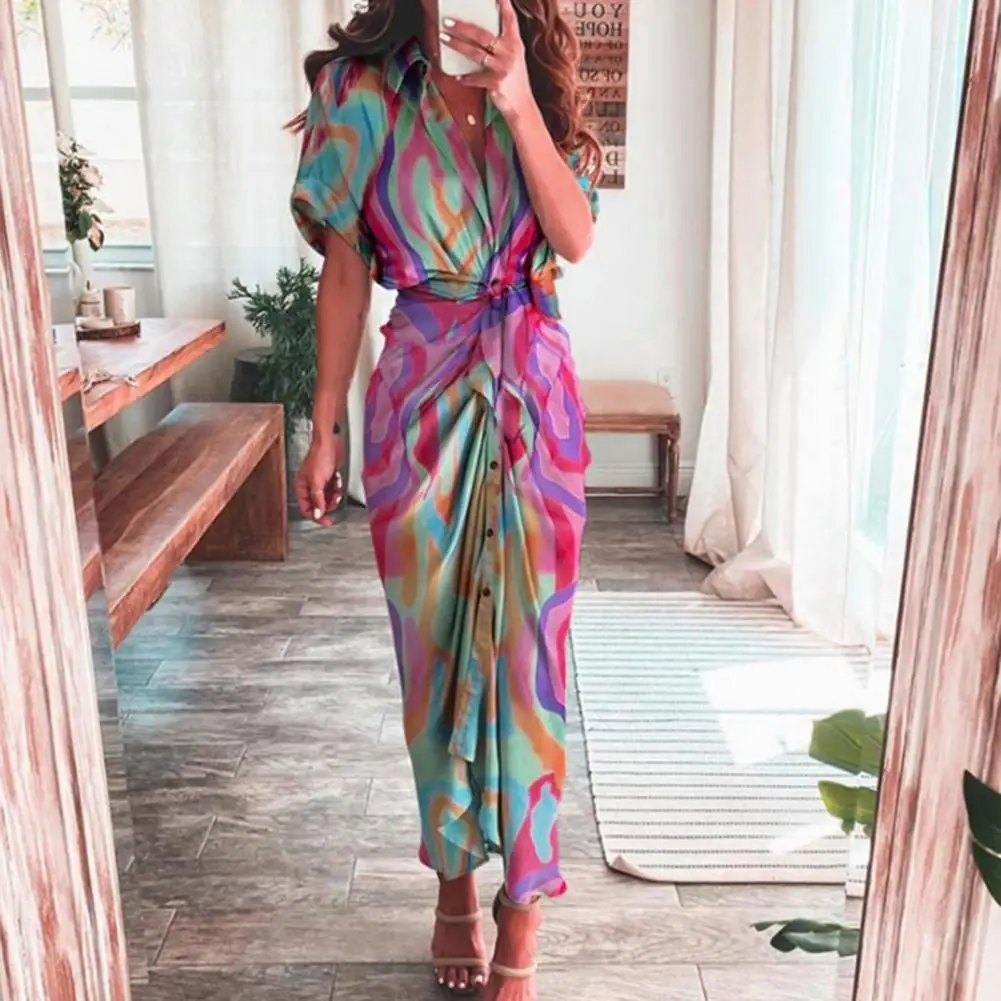 

Party Dress Lapel Short Sleeve Draped Women Dress Waist Tie-up Shirt Dress Floral Print Beach Dress Single Breasted Maxi Dress