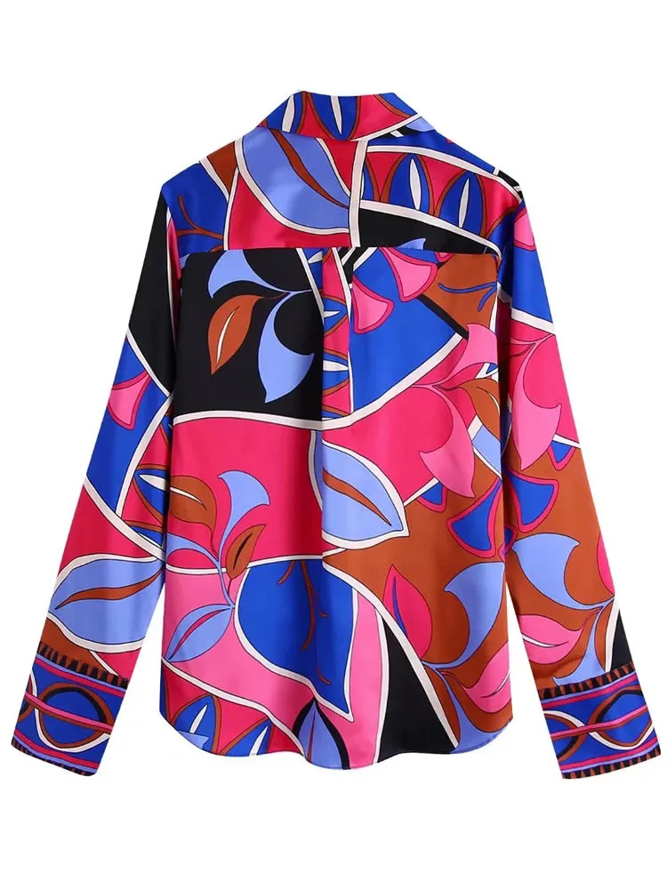 TRAF 2022 Print Button Up Shirt Women Vintage Long Sleeve Top Female Streetwear Collared Shirt Woman Summer Elegant Blouses