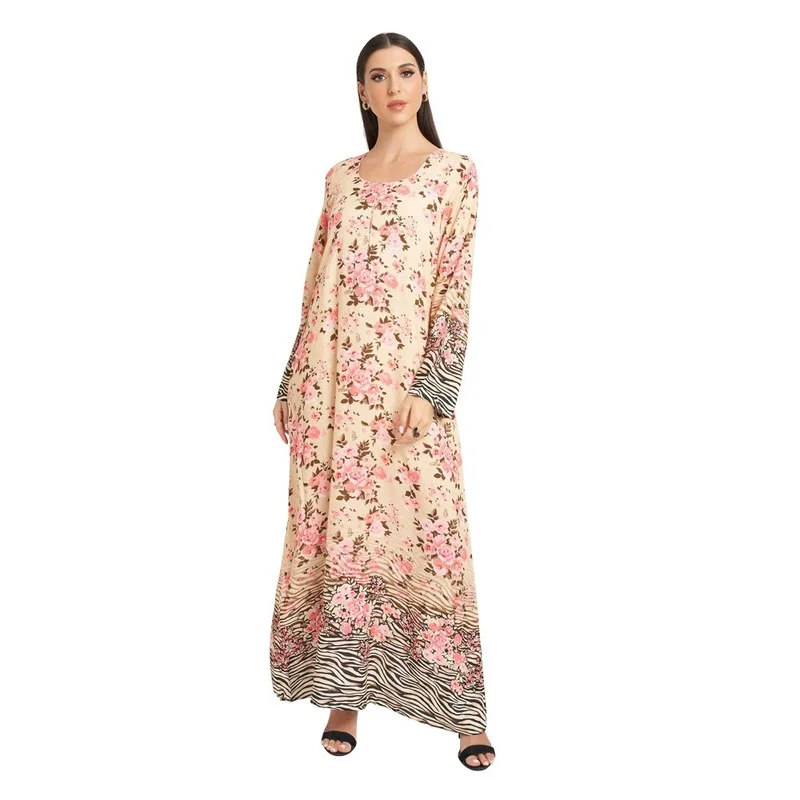 

Summer Floral Dubai Muslim Robe Dress 2022 Round Collar Long Sleeve Loose Casual Arab Oman Caftan Marocain Clothes Pink