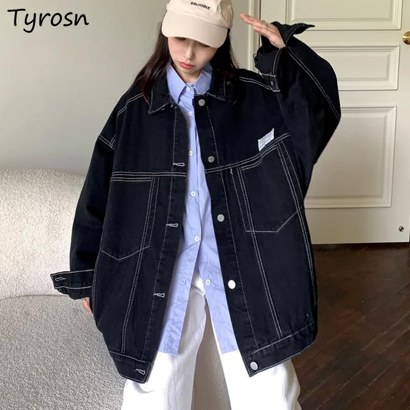 

Basic Jackets Women Patches Denim Harajuku Students College Casual Mujer Bf Style Outwear Turn-down Collar Clothing Streetwear