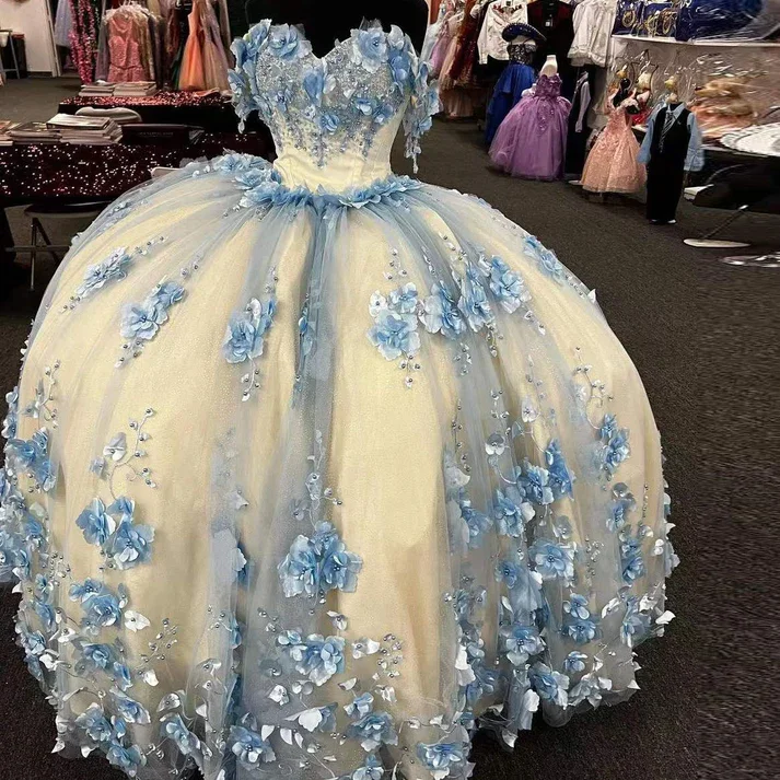 3D Floral Blue Quinceanera Dresses 2023 Young Girls Prom Gowns Flowers Cinderella Birthday Princess Vestidos De Sweet 15 Años16