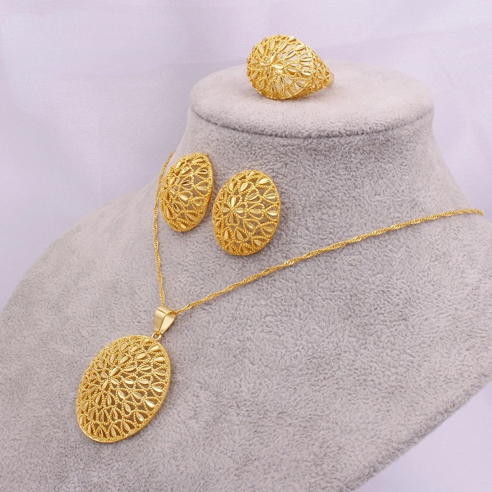 

Ethiopia 24K Gold Jewelry Set African Women's Necklace Earring Ring Dubai Bride Gift Fashion Indian Italian Thailand Jewelry