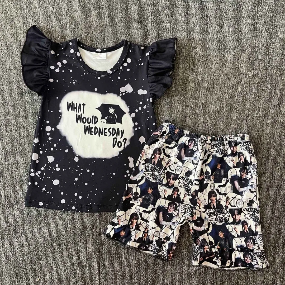 

Wholesale Kids Wednesday Outfits Cartoon Girls Pearl Sleeve Ruffles Shorts Set