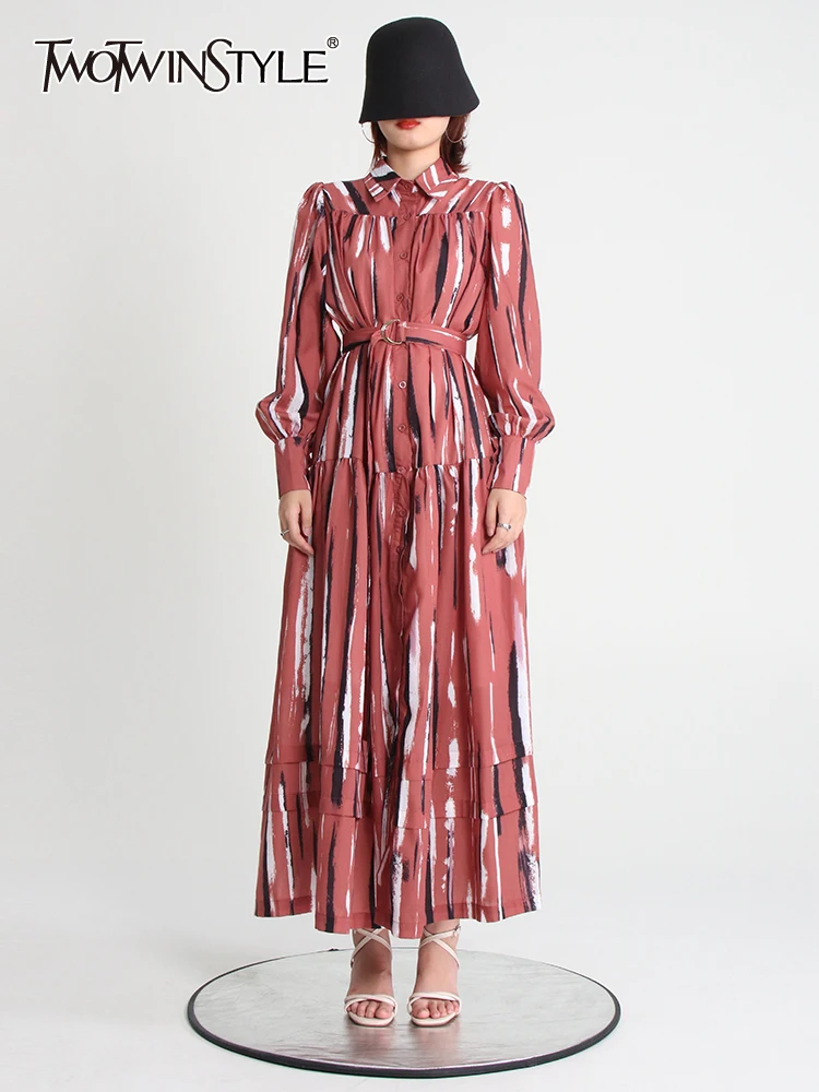 

TWOTWINSTYLE Striped Print Dress For Women Lapel Long Sleeve High Waist Colorblock Midi Dresses Female Autumn Clothing 2022 New
