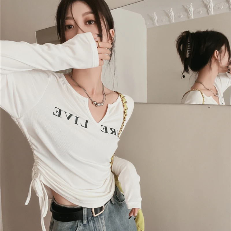 

Y2K Khaki V-neck Long-sleeved T-shirt Women's Autumn 2022 New Drawstring Design Bottoming T-Shirt