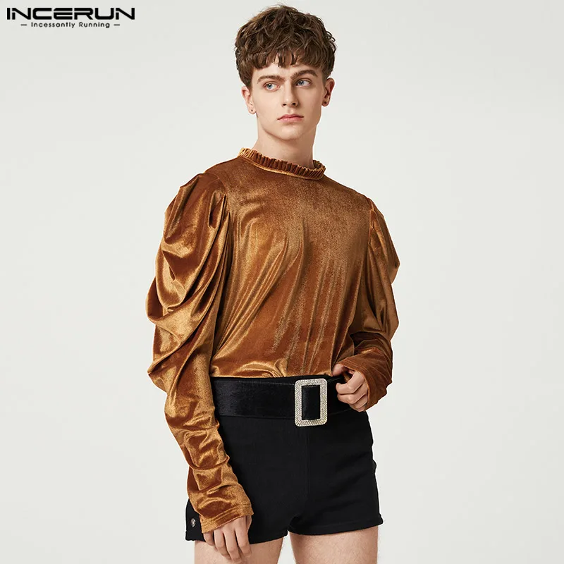 

2022 модная мужская футболка, однотонная велюровая плиссированная повседневная мужская одежда с длинным рукавом и оборками, свободная уличн...