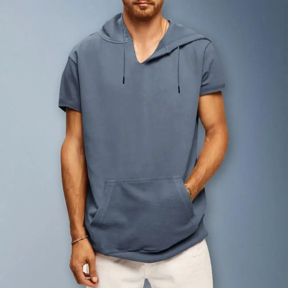 

Men Hoodie Men Short Sleeve Top Breathable Short Sleeve Men's Hoodie With Drawstring Patch Pocket Loose Fit For Summer